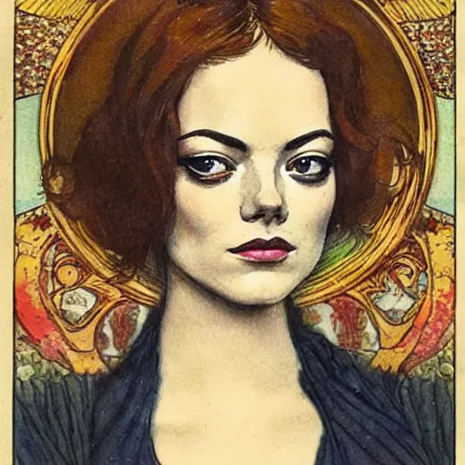 Image similar to emma stone portrait by louis - theophile hingre, zodiac, tarot cards, planets, ethereal, art nouveau