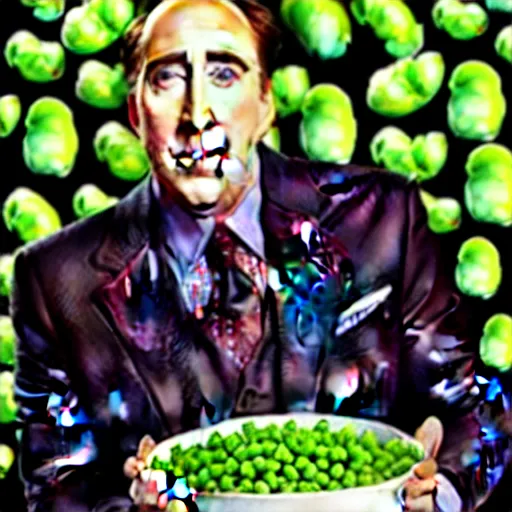 Image similar to not the bees with nicholas cage, but with peas