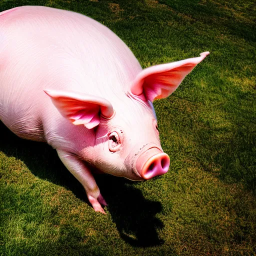 Prompt: national geographic photograph of a flying pig with big pink wings, daylight, outdoors, wide angle shot