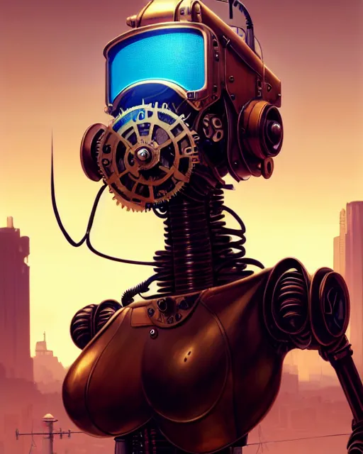 Image similar to hyper - realistic portrait of a steampunk robot, gta v cover art, celshading, sharp focus, intricate, detailed, rhads, andreas rocha, makoto shinkai, lois van baarle, ilya kuvshinov, greg rutkowski, dynamic lighting, grunge aesthetic, 4 k