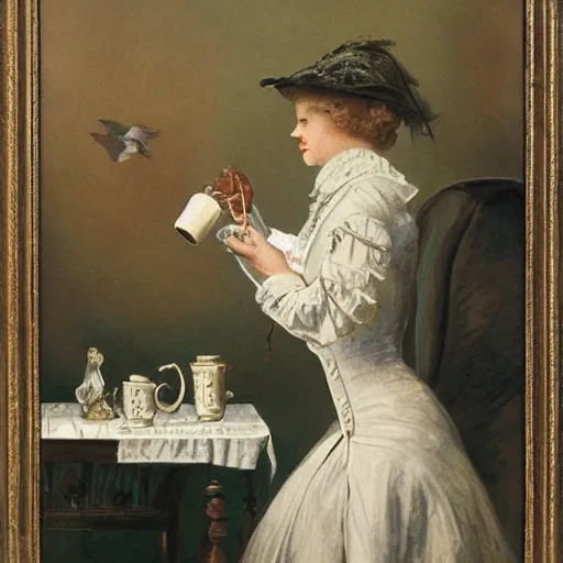 Prompt: a dinosaur drinking tea in the victorian age, portrait