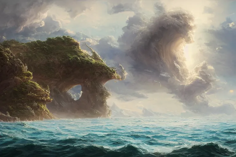 Prompt: the god of clouds and the goddess of the sea, mesmerizing, beautiful, fantastical, concept art, highly detailed, artstation, trending, widescreen resolution, feng zhu, shaddy safadi, noah bradley, tyler edlin, jordan grimmer, darek zabrocki, neil blevins, tuomas korpi