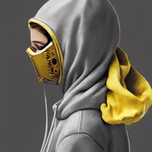 Image similar to luxury advertisement, a highly detailed epic cinematic concept art CG render digital painting artwork of a girl in a grey hoodie with a yellow rebreather half-mask. By Greg Rutkowski, Ilya Kuvshinov, WLOP, Stanley Artgerm Lau, Ruan Jia and Fenghua Zhong, trending on ArtStation, made in Maya, Blender and Photoshop, octane render, excellent composition, cinematic atmosphere, dynamic dramatic cinematic lighting, aesthetic, very inspirational, arthouse