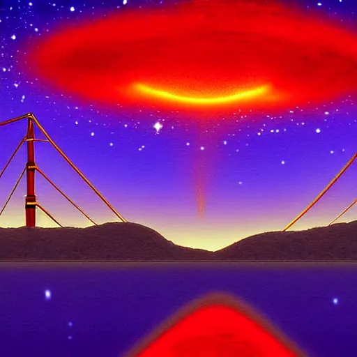 Image similar to WTC Twin Towers with distant Golden Gate Bridge in center, glowing black hole in the night sky in front of the Milky Way, red-hooded magicians casting purple colored spells towards the towers, white glowing souls flying out of the towers to the black hole digital painting in the style of The Lord of the Rings