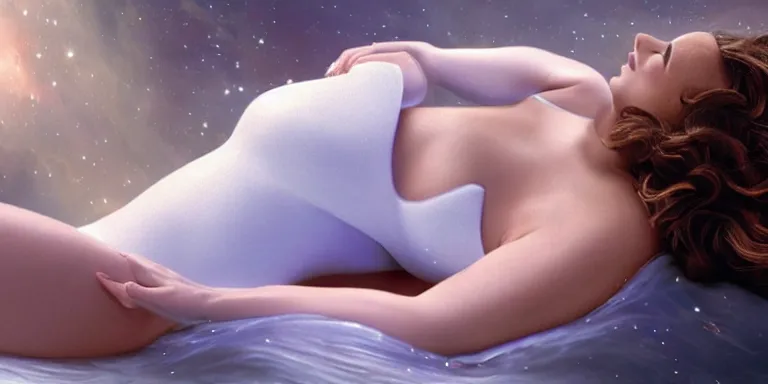 Image similar to film still of curvy natalie portman, focus on facial - detail!!!!!!, walking on an invisible bridge, similar to the bifrost, toward an endless abyss in space, wearing a white flowy bikini inspired by ancient roman clothing, beautiful astronomical background with galaxies and nebulas, lack of sunlight, 8 k resolution, cinematic lighting, anatomically correct, by christopher nolan