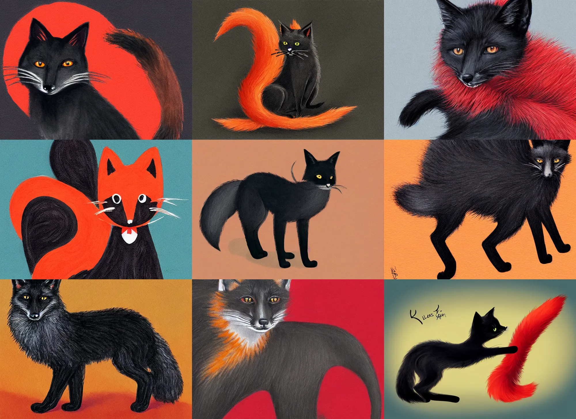 Prompt: black cat with red fox tail, illlustration