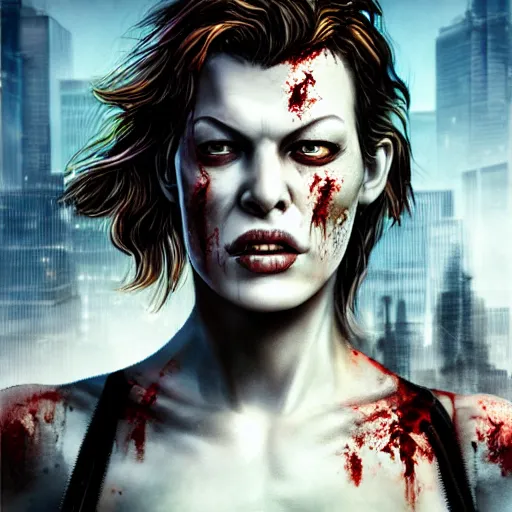 Image similar to angry zombie portrait of milla jovovich, a urban city background, grimdark horror, stylized digital illustration, radiating a glowing aura, global illumination, ray tracing, hdr, fanart arstation by ian pesty and katarzyna bek - chmiel