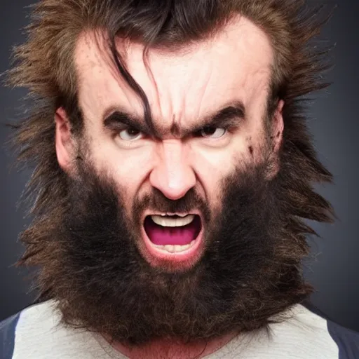 Image similar to A small angry hairy man with wild hair and huge claws. He might be Canadian