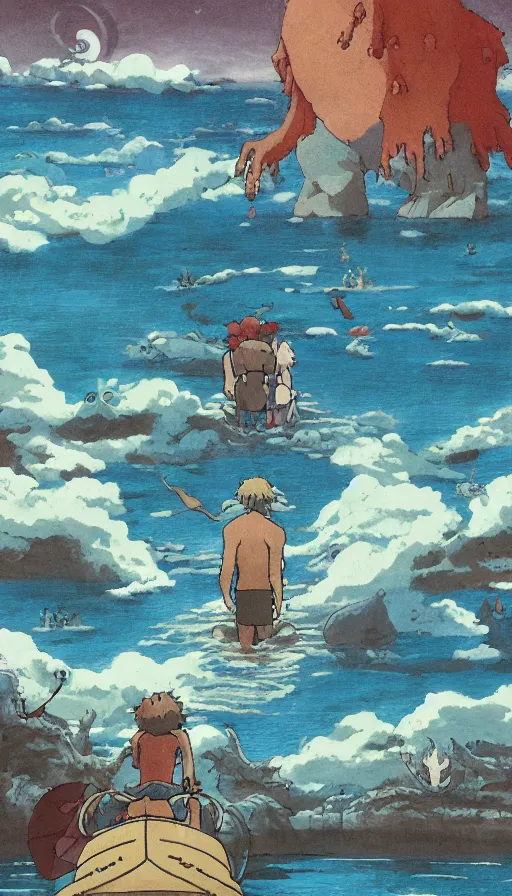 Image similar to man on boat crossing a body of water in hell with creatures in the water, sea of souls, by studio ghibli