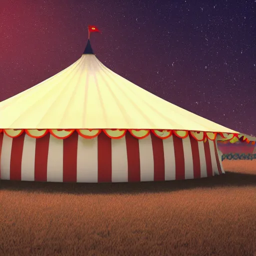 Prompt: 3 d render of a circus tent in the mountains by night