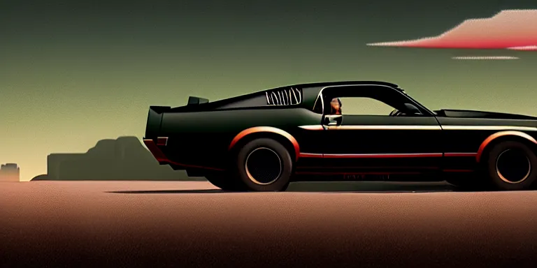 Image similar to a cinematic keyframe matte painting of a sleek 1 9 7 0 s vaporwave concept retro - futurism sci - fi ford mustang fast back knight rider blacked out car in an open garage in the american southwest, view from the street. cactus. by eric lafforgue, glennray tutor and edward hopper, greg rutkowski. trending on artstation.