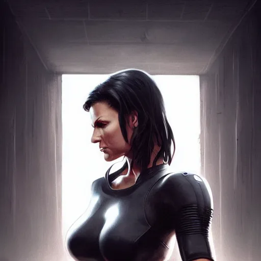 Image similar to gina carano with robotic left arm, casual black clothing, casual pose, large portrait, cyberpunk, digital painting, artstation, concept art, smooth, 8 k frostbite 3 engine, ultra detailed, art by artgerm and greg rutkowski and magali villeneuve