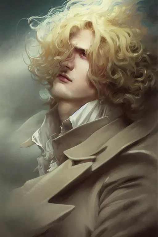 Image similar to johan liebert mixed with alucard picture by Greg Rutkowski, long fluffy blond curly hair, baroque curls, dynamic pose, matte painting, intricate, z brush, fantasy concept art, elegant, fat body type, by Stanley Artgerm Lau, WLOP, golden ratio, thomas kindkade, alphonse mucha, loish, Peter chung, norman Rockwell,