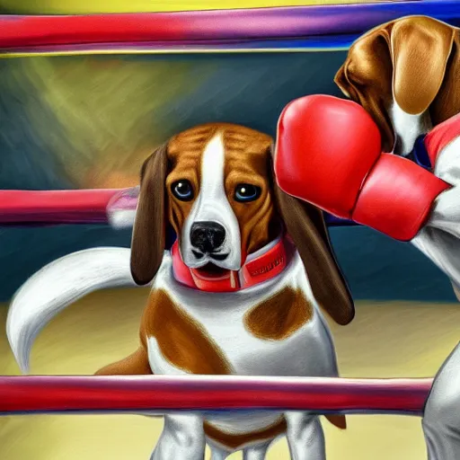 Image similar to two beagle hound dogs boxing with fists, inside a boxing ring hd, realism, hyper detail, intricate detail, 4 k