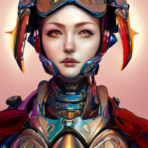 Image similar to studio portrait of lawful good colorful female holy mecha paladin absurdly beautiful, elegant, young sensual graceful woman, ultrafine hyperrealistic detailed face illustration by kim jung gi, irakli nadar, intricate linework, sharp focus, bright colors, matte, octopath traveler, final fantasy, unreal engine highly rendered, global illumination, radiant light, intricate environment