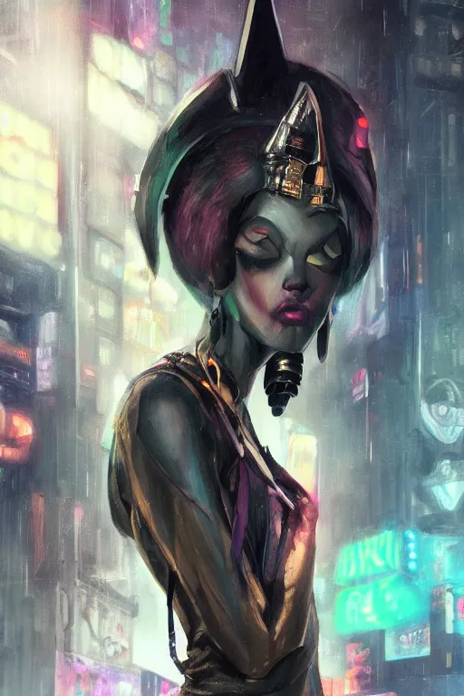 Image similar to beautiful portrait of a tall sensual female anubis smoking a cigarette in a bustling crowd of a rainy city street, goth punk clothes, cyberpunk, harsh neon lights, highly detailed, sharp focus, digital painting, illustration, trending on artstation, art by sakimichan, wlop, greg rutkowski