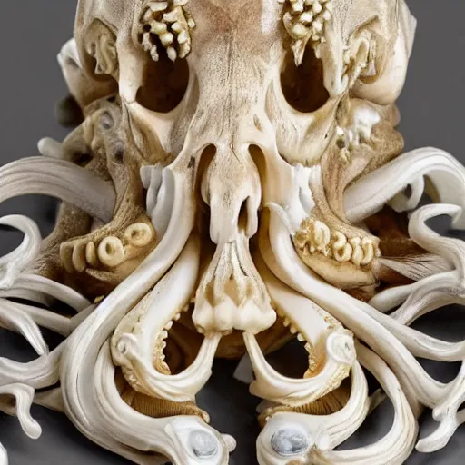 Image similar to an intricately detailed carving in an human - octopus skull, rococo ornate bone and ivory sculpted skull with teeth and tentacles, horror, artifact, micro detailed, inscribed with occult symbols, otherworldly