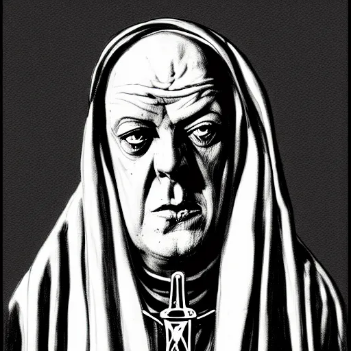 Prompt: graphic illustration, creative design, aleister crowley as a nun, biopunk, francis bacon, highly detailed, hunter s thompson, concept art