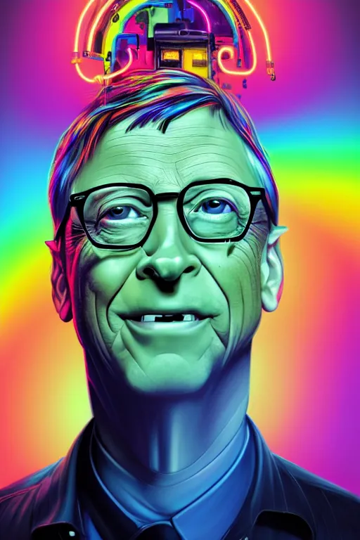 Image similar to a award winning half body portrait of a bill gates with stunning eyes in a croptop and cargo pants with rainbow colored hair, outlined by whirling illuminated neon lines and fine lines swirling in circles by jesper ejsing and rhads and makoto and shinkai and lois van baarle, digital art, trending on artstation