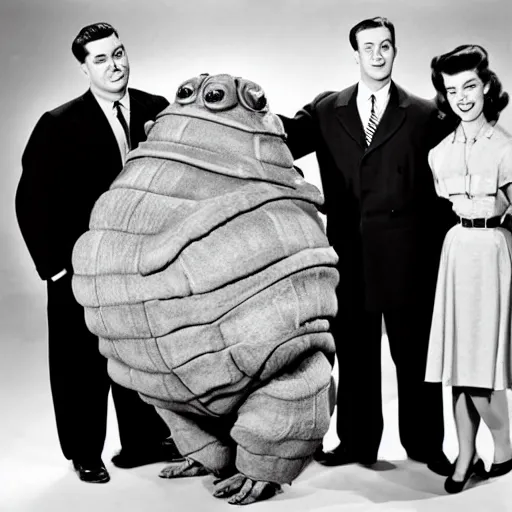 Image similar to 5 0 s family sitcom about a traditional american family of giant tardigrades wearing human clothes. no actual humans are on the show