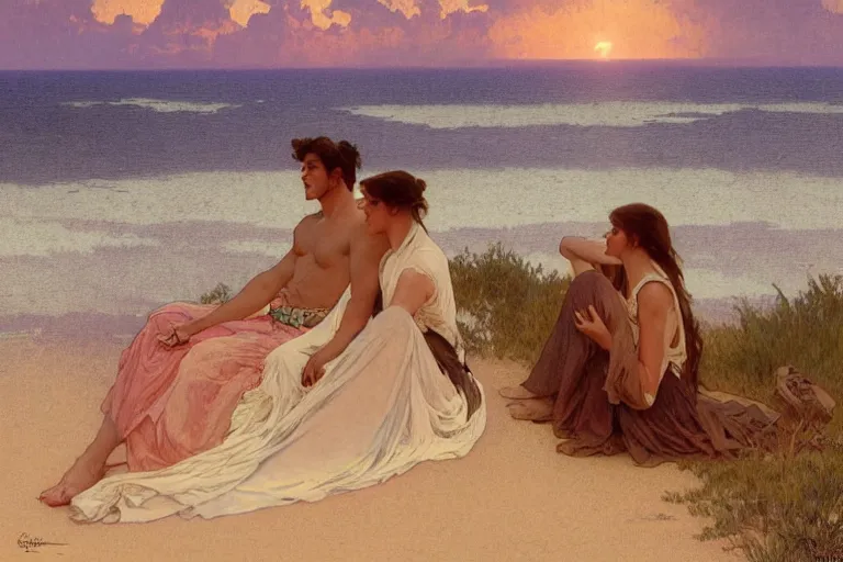 Image similar to a matte painting of a man watching the sunset wife his girlfriend by the beach, by greg rutkowski, by alphonse mucha, muted colors