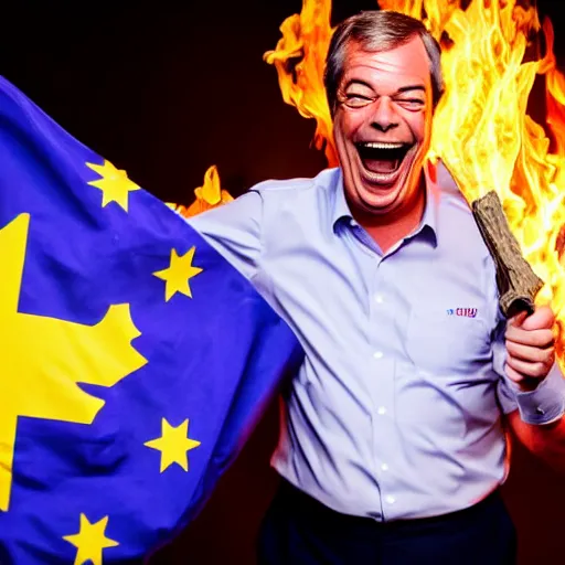 Image similar to nigel farage laughing holding burning eu flag, studio photograph, hd, studio