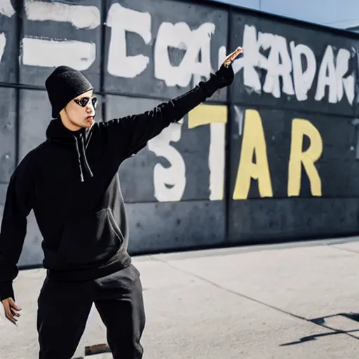 Image similar to photo of a dabbing man, in black hoodie and black pants, broad daylight in front of construction site barier wall