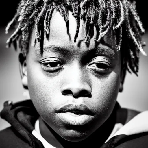 Image similar to the face of young juice wrld at 1 0 years old, black and white portrait by julia cameron, chiaroscuro lighting, shallow depth of field, 8 0 mm, f 1. 8