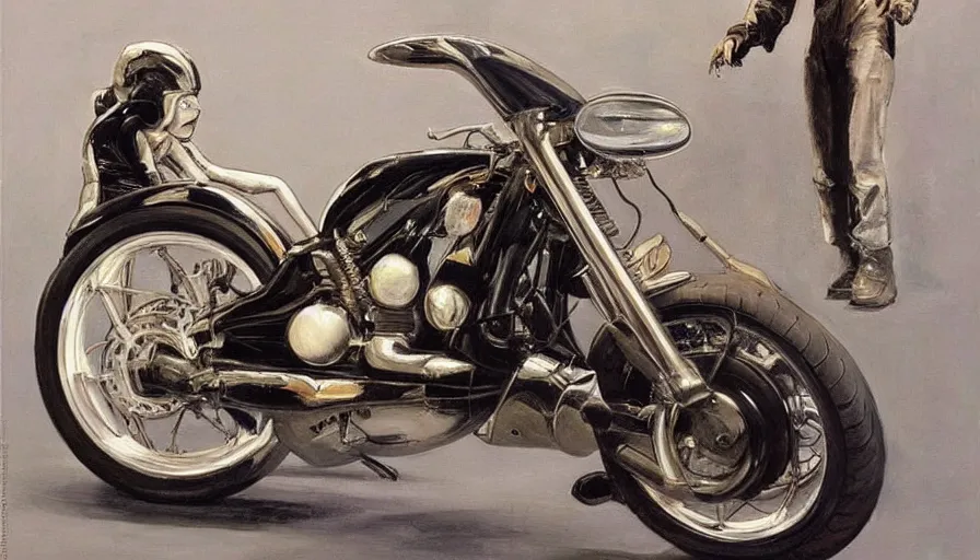 Image similar to painting by borremans, motorbike from tron movie in front of the mirror, detailed, stunning