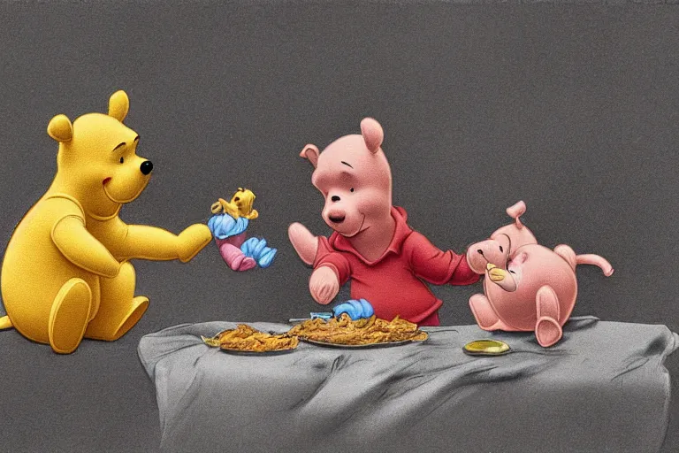 Image similar to winnie the pooh and piglet eating spare ribs, digital art, high detail, hyper realistic,