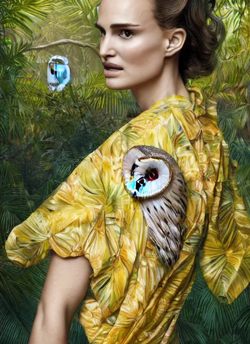 Image similar to Award winning head to shoulder portrait photograph of an elegant top model that looks like natalie portman wearing a yellow kimono with a very detailed barn owl on her shoulder!!! in a tropical greenhouse. looking at the camera!!. super resolution. Extremely detailed. art by Rineke Dijkstra.