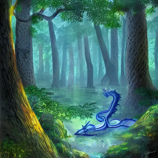 Prompt: a dragon sleeping in a beautiful forest, rays of sunshine between the trees, detailed digital art