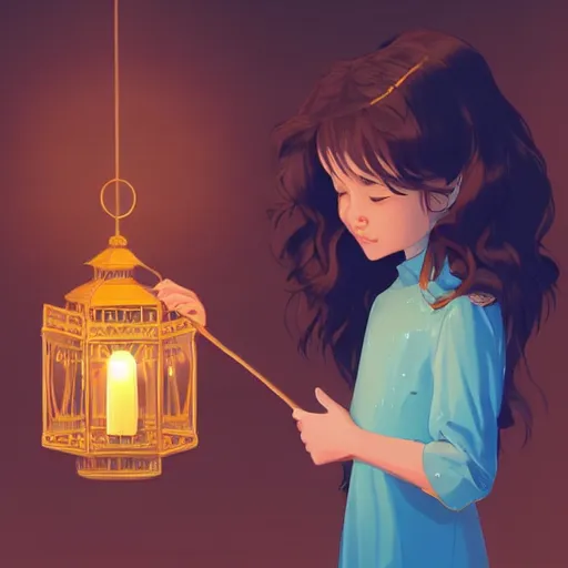 Image similar to a little girl with short wavy curly light brown hair holding a glowing lantern. clean cel shaded vector art. shutterstock. behance hd by lois van baarle, artgerm, helen huang, by makoto shinkai and ilya kuvshinov, rossdraws, illustration, art by ilya kuvshinov