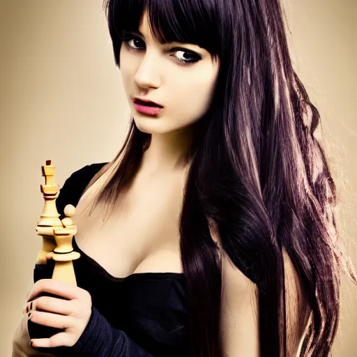 Prompt: young seductive beautiful emo girl with a chess piece in her hands. highly detailed photography of a famous actress