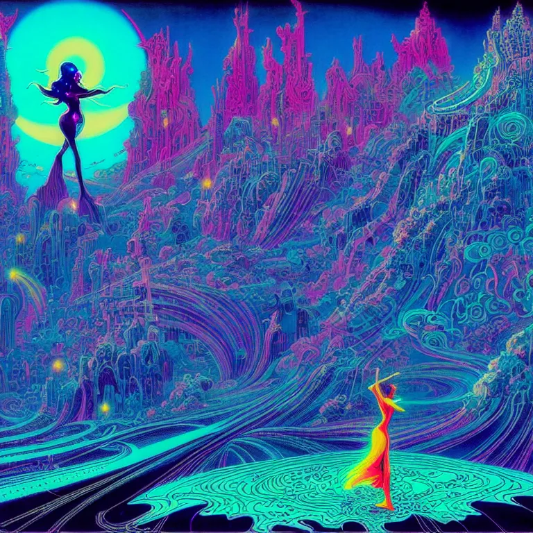 Prompt: cosmic girl hovers over mythical crystal city, psychedelic waves, synthwave, bright neon colors, highly detailed, cinematic, eyvind earle, tim white, philippe druillet, roger dean, ernst haeckel, lisa frank, aubrey beardsley