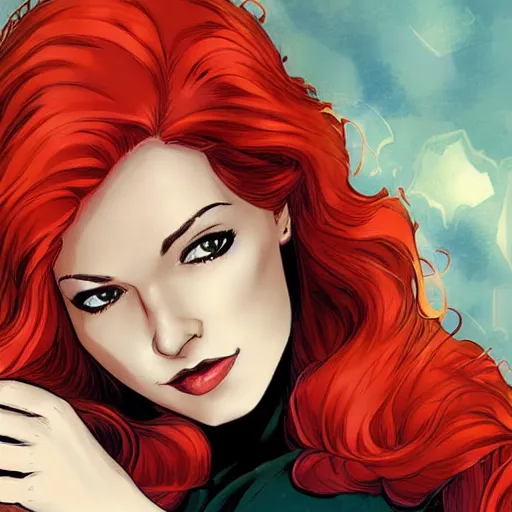 Prompt: Portrait of Jean Grey, a beautiful woman in her 30s, with red hair and green eyes, symmetrical face, detailed features, delicate features, warm and gentle smile, artstation, graphic novel, art by Chris Bachalo and Olivier Coipel,