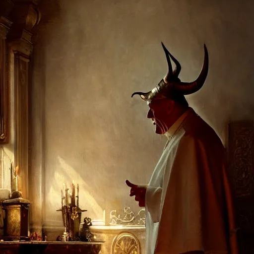Prompt: the pope is in his bedroom, scared because a horned demon is attacking him. highly detailed painting by gaston bussiere, greg rutkowski, craig mullins 8 k