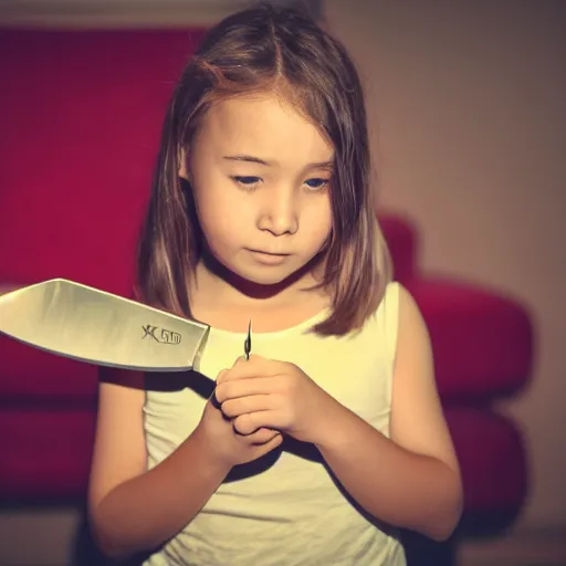Prompt: a little girl holding a knife in the middle of the night, 8 k, 4 k, professional photography, award winning photo