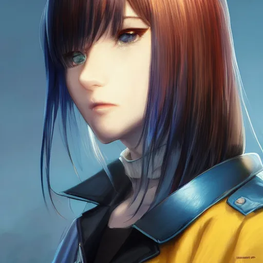 Image similar to profile shot of rimuru tempest, sky blue, straight hair, long bangs, amber eyes, wearing a black jacket with white stripes, high collar, highly detailed, unreal engine 5, digital painting, cinematic, wlop | artgerm, pixiv, yoshitaka amano, greg rutkowski, ilya kuvshinov, andy warhol