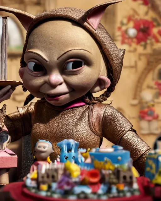 Image similar to highly detailed closeup, face profile portrait of a tin toy greta thunberg as a medieval goblin eating cakes in a castle, bikini, depth of field, nicoletta ceccoli, mark ryden, lostfish, dan decarlo, bob clampett, max fleischer, detailed and intricate environment, 8 k resolution, hyperrealistic, octane render