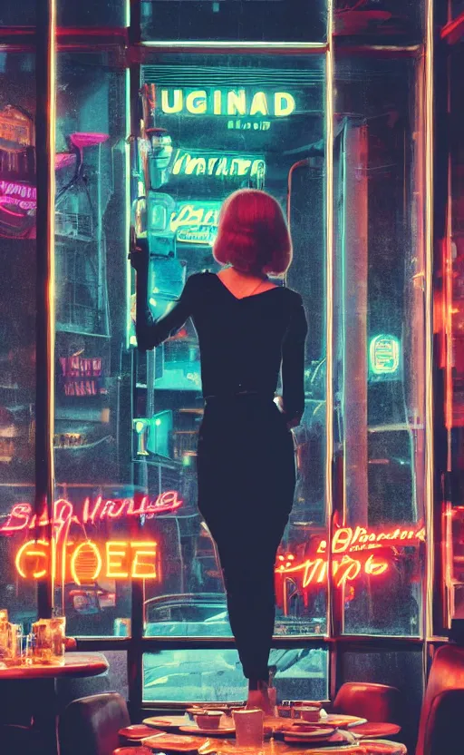 Image similar to vertical movie frame portrait of girl in 5 0's retro restaurant interior, neon - decorated urban on night in the city seen through the window, modern interior design, architectural design, vintage, night blade runner, dark, postapocalyptic, clean lines, 4 k, octane, lunarcore city at distance, big windows, octane, wide angle