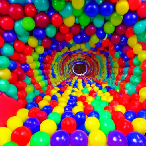 Prompt: photo of endless corridors where the floor is made of ballpit