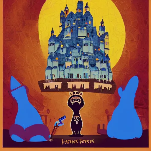 Prompt: A computer art that features a chimpanzee surrounded by a castle turret. The chimp is shown wearing a crown and holding a scepter, and the castle is adorned with banners. biopunk by Eyvind Earle, by Nikolina Petolas kaleidoscopic