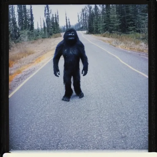 Prompt: a polaroid of Sasquatch crossing a road