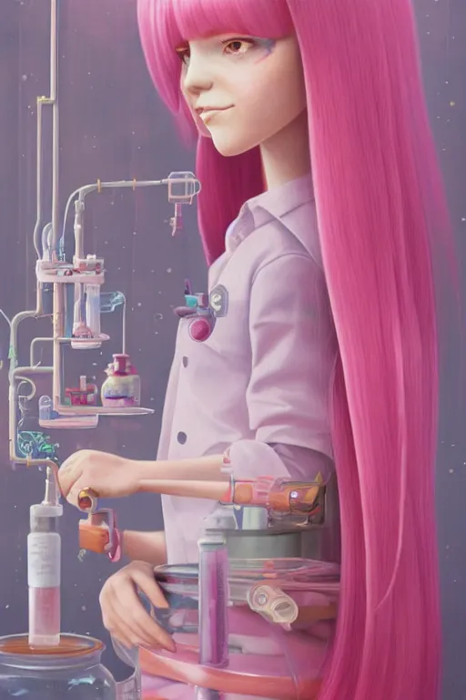 Image similar to highly detailed, industrial portrait of beautiful, cute, adult princess bubblegum from adventure time, experimenting in her science lab, wearing lab coat, bubblegum hair with long straight bangs, depth of field, illustration, concept art by nicoletta ceccoli, mark ryden, lostfish, detailed and intricate environment, 8 k resolution, hyperrealistic, octane render