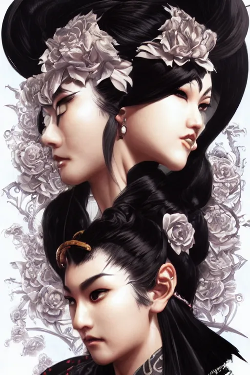 Image similar to portrait of goth Chun Li with yakuza tattoos, Street fighter, intricate, elegant, highly detailed, digital painting, artstation, concept art, smooth, sharp focus, illustration, art by artgerm and greg rutkowski and alphonse mucha