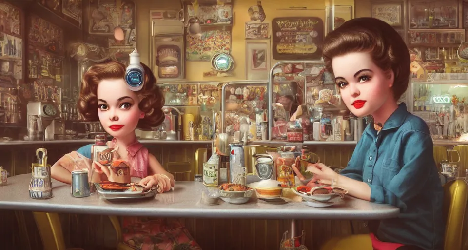 Prompt: closeup profile portrait of a 1 9 5 0 s diner, nicoletta ceccoli, mark ryden, lostfish, max fleischer, depth of field, detailed and intricate environment, golden hour, 8 k resolution, hyperrealistic, octane render