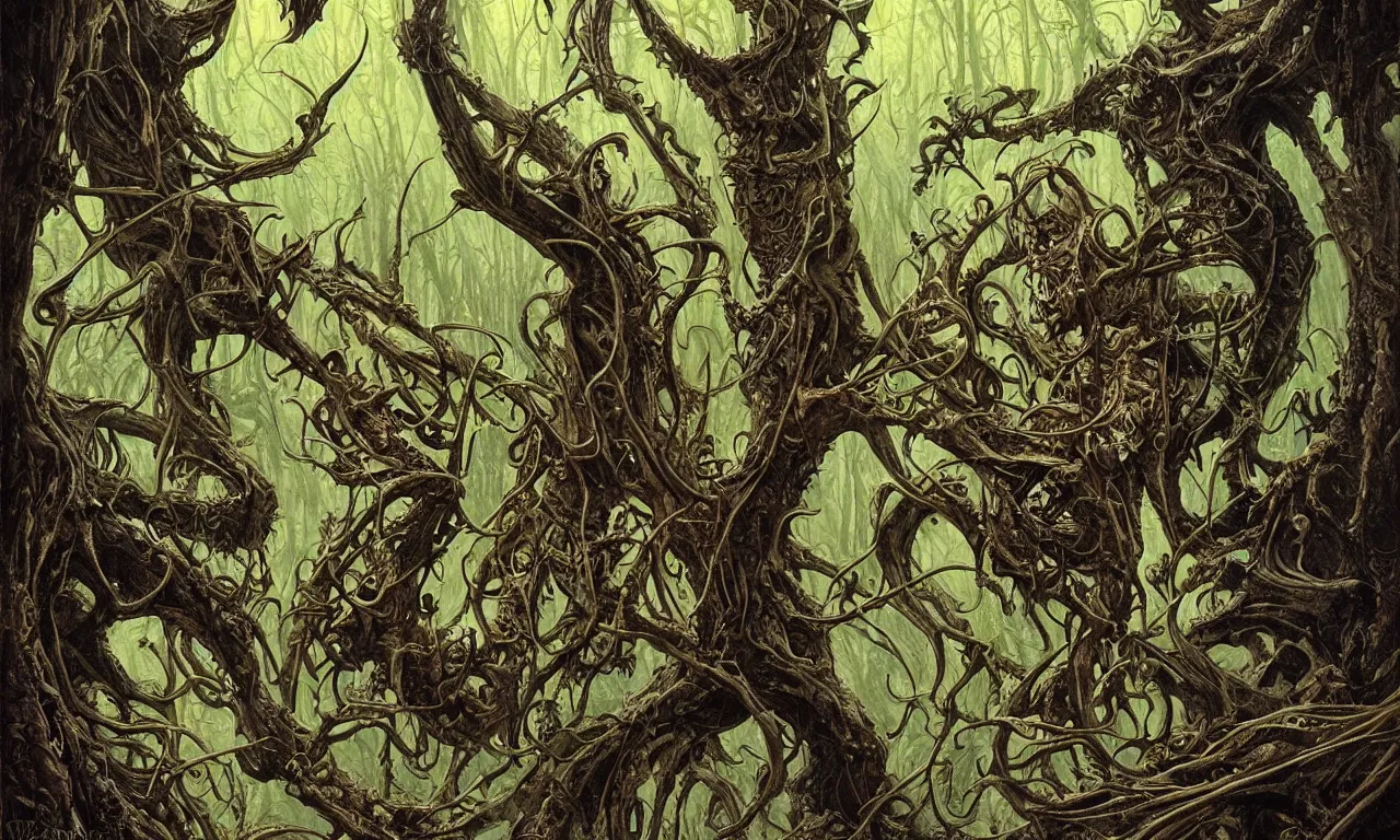 Image similar to hyperdetailed art nouveau portrait of treebeard as a cthulhu eyeball skull dragon monster, by micheal whelan, simon bisley and bill sienkiewicz, grim yet sparkling atmosphere, photorealism, claws, skeleton, antlers, fangs, forest, wild, crazy, horror, lynn varley, lovern kindzierski, steve oliff