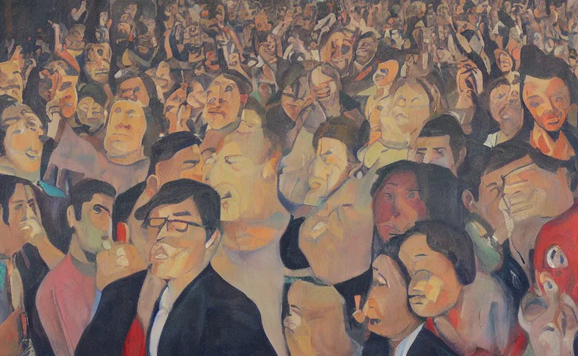 Prompt: a painting of a man with eyes wide open surrounded by people with their eyes completely closed. there are also crt television drones flying around