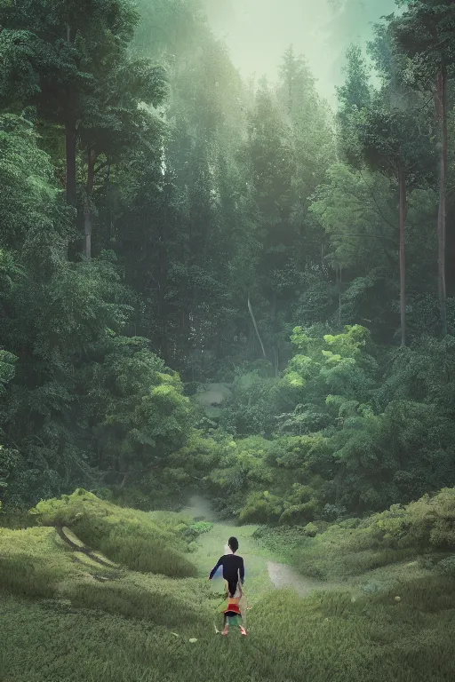 Prompt: young man with wavy black shoulder length hair, plain cotton shorts, back view, trees, detailed forest background, webtoon, breathtaking scenery, colourful, 8 k, graphic novel, digital art trending on artstation, volumetric lighting, octane render, cinematic, hyper detailed, magical atmosphere